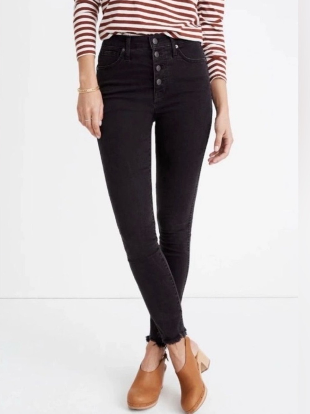Madewell 10” High Rise Skinny Jeans Button Fly Raw Hem Charcoal Black Size 27